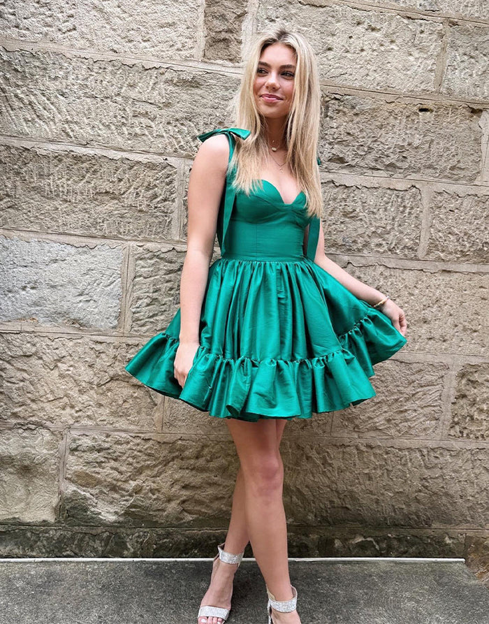 Weitese Dress A-Line Sweetheart Homecoming Dress Satin Sleeveless Ruffles Lace Up Party Dress
